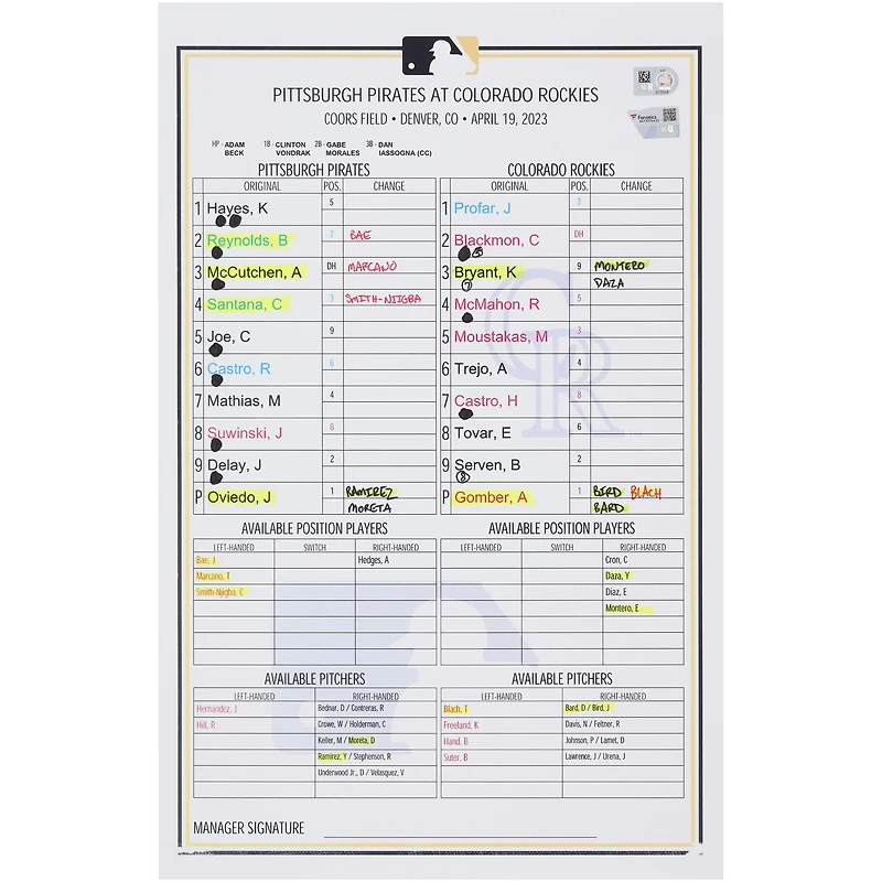 Pittsburgh Pirates Game-Used Lineup Card vs. Colorado Rockies on April 19, 2023