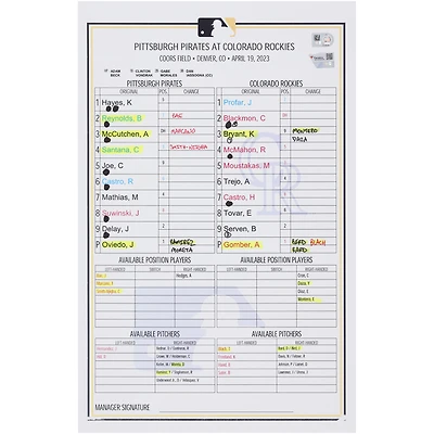 Pittsburgh Pirates Game-Used Lineup Card vs. Colorado Rockies on April 19, 2023