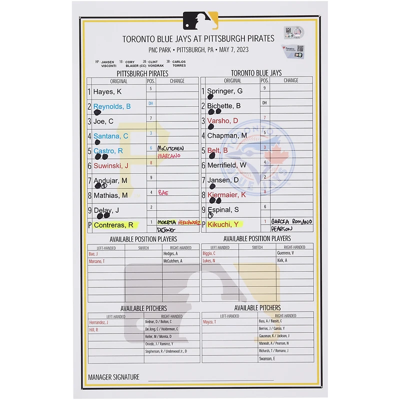 Pittsburgh Pirates Game-Used Lineup Card vs. Toronto Blue Jays on May 7, 2023