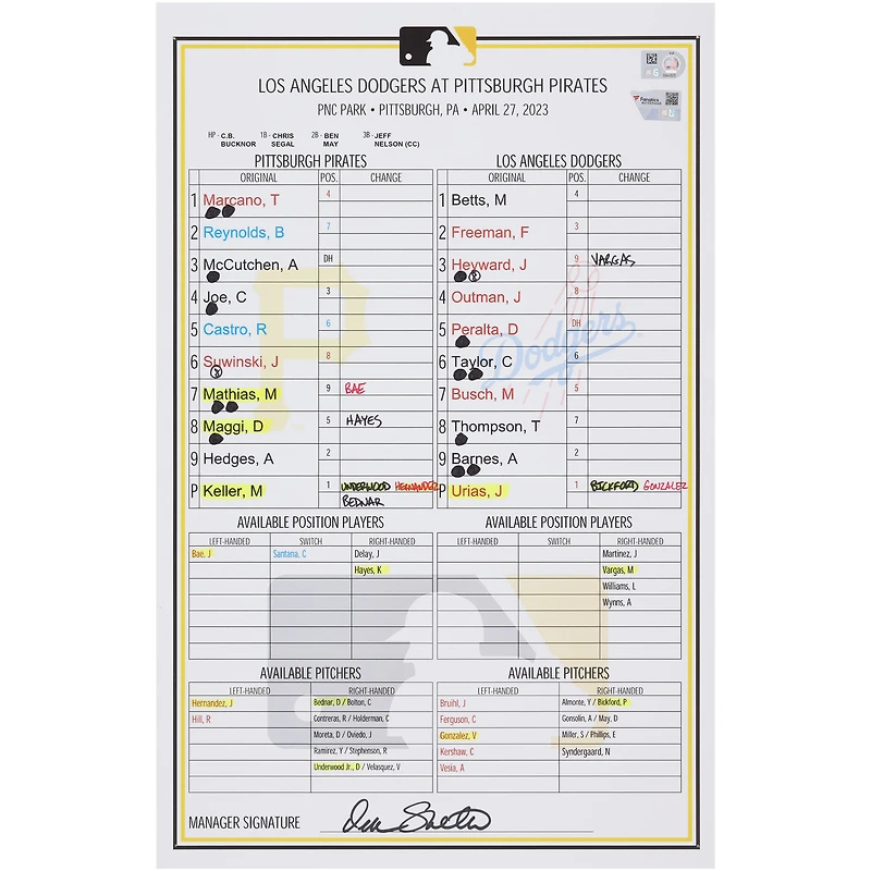 Pittsburgh Pirates Game-Used Lineup Card vs. Los Angeles Dodgers on April 27, 2023