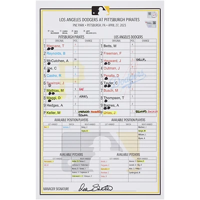 Pittsburgh Pirates Game-Used Lineup Card vs. Los Angeles Dodgers on April 27, 2023