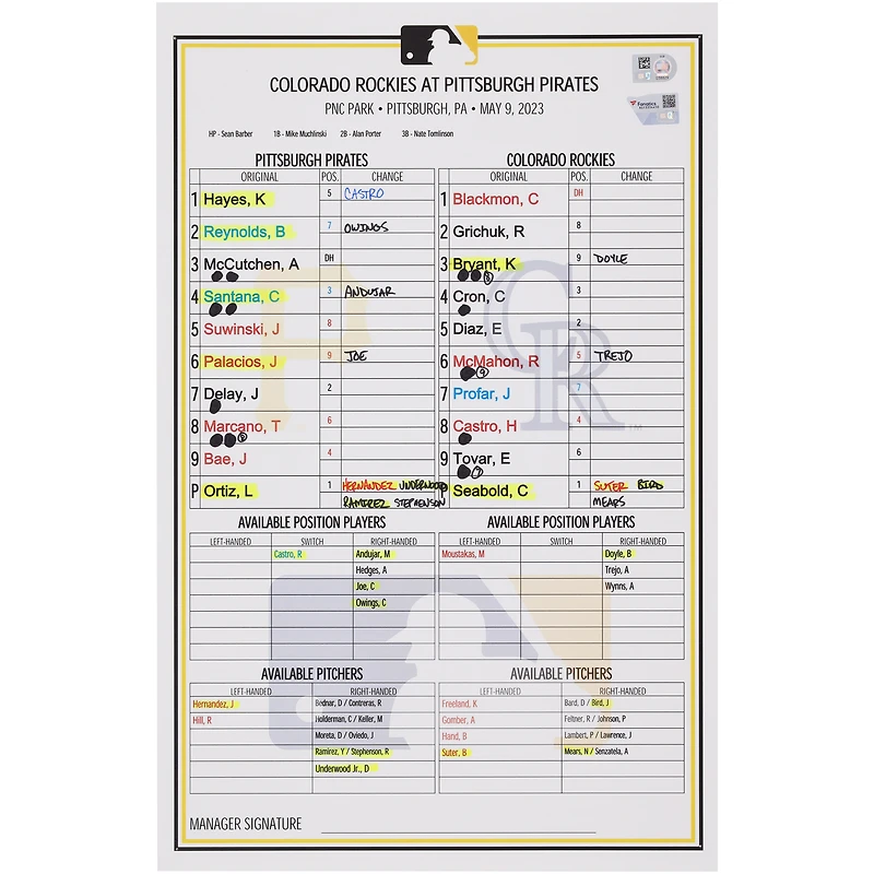 Pittsburgh Pirates Game-Used Lineup Card vs. Colorado Rockies on May 9, 2023