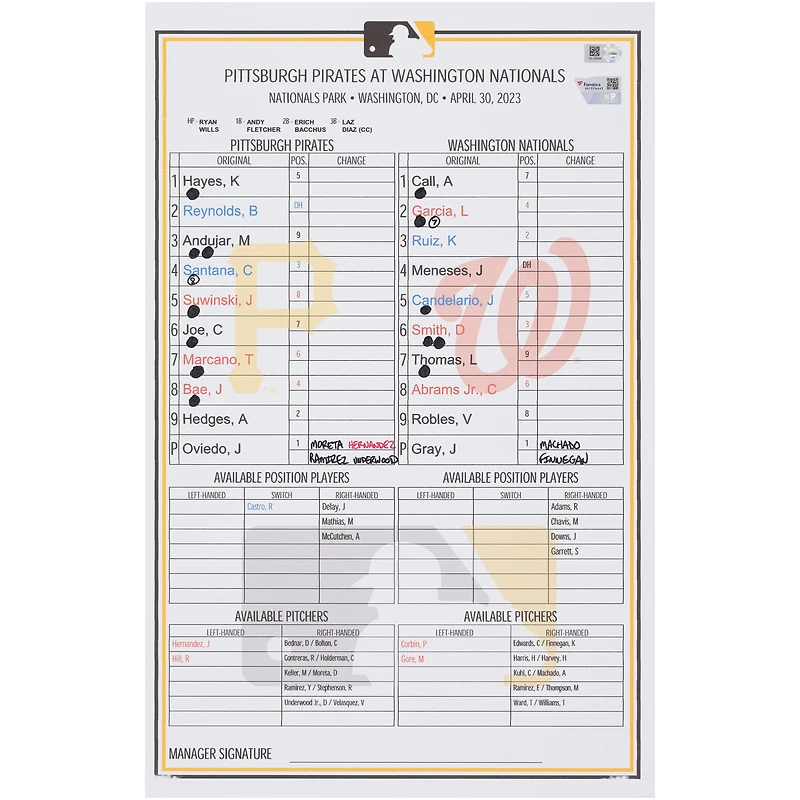 Pittsburgh Pirates Game-Used Lineup Card vs. Washington Nationals on April 30, 2023