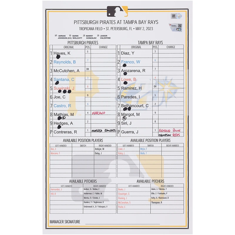 Pittsburgh Pirates Game-Used Lineup Card vs. Tampa Bay Rays on May 2, 2023
