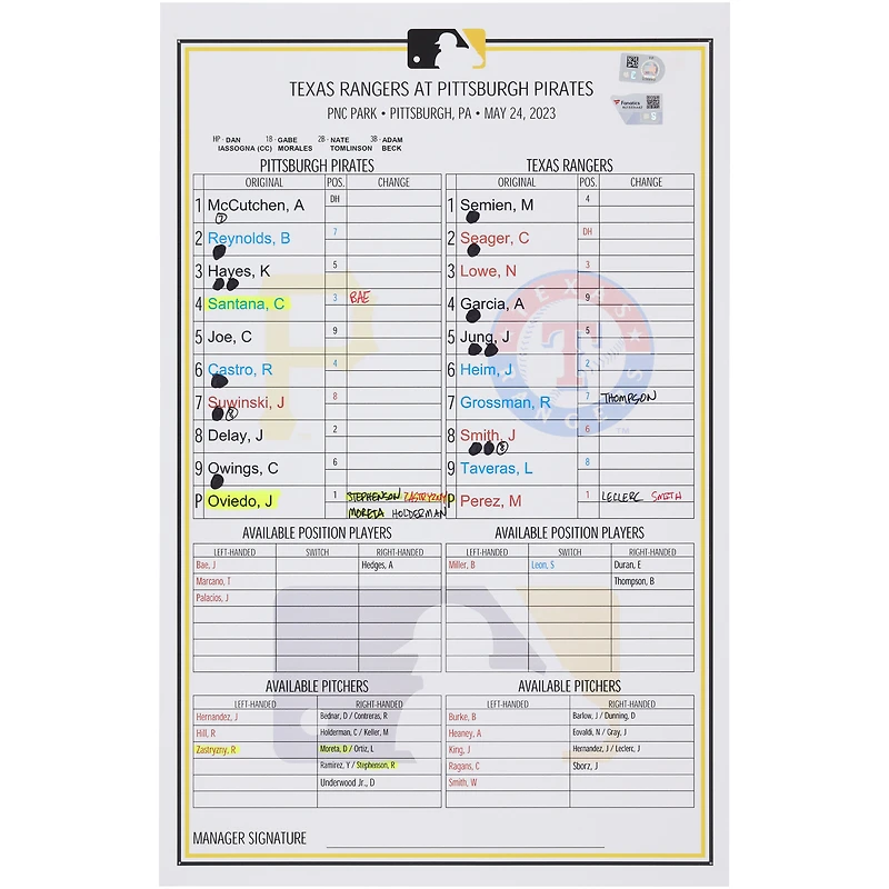 Pittsburgh Pirates Game-Used Lineup Card vs. Texas Rangers on May 24, 2023