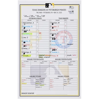 Pittsburgh Pirates Game-Used Lineup Card vs. Texas Rangers on May 24, 2023
