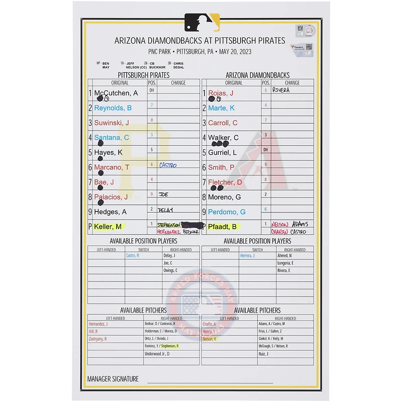 Pittsburgh Pirates Game-Used Lineup Card vs. Arizona Diamondbacks on May 20, 2023