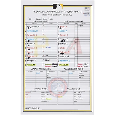 Pittsburgh Pirates Game-Used Lineup Card vs. Arizona Diamondbacks on May 20, 2023