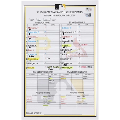 Pittsburgh Pirates Game-Used Lineup Card vs. St. Louis Cardinals on June 4, 2023