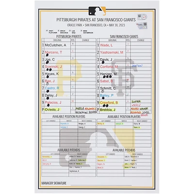 Pittsburgh Pirates Game-Used Lineup Card vs. San Francisco Giants on May 30, 2023