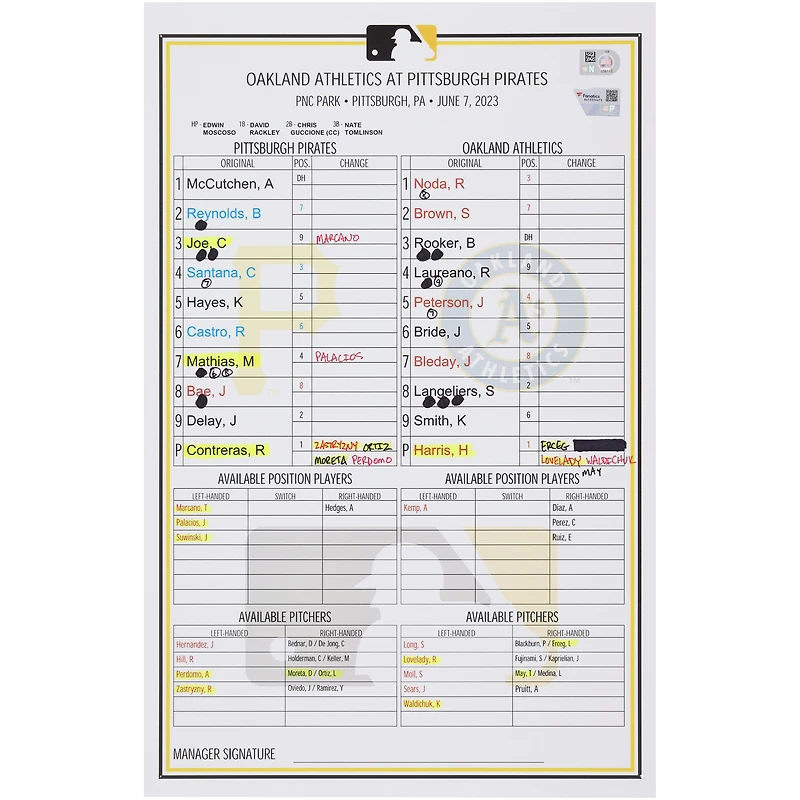 Pittsburgh Pirates Game-Used Lineup Card vs. Athletics on June 7, 2023