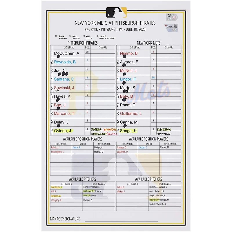 Pittsburgh Pirates Game-Used Lineup Card vs. New York Mets on June 10, 2023