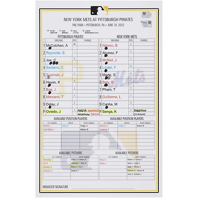 Pittsburgh Pirates Game-Used Lineup Card vs. New York Mets on June 10, 2023