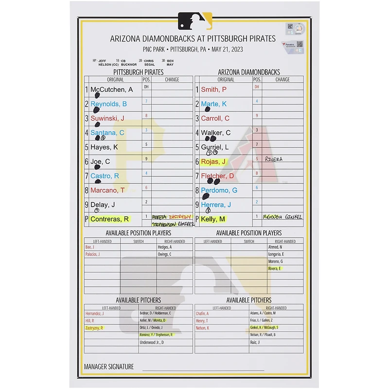 Pittsburgh Pirates Game-Used Lineup Card vs. Arizona Diamondbacks on May 21, 2023