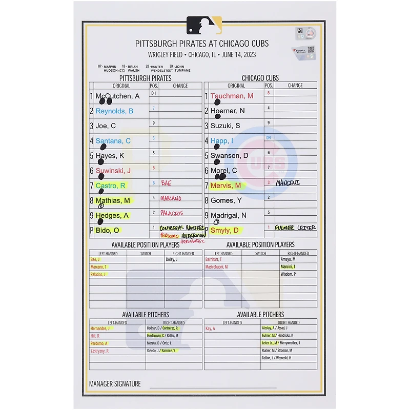 Pittsburgh Pirates Game-Used Lineup Card vs. Chicago Cubs on June 14, 2023