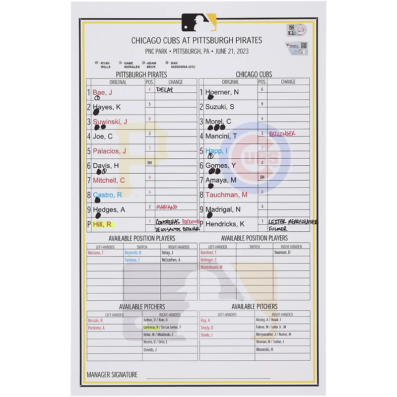 Pittsburgh Pirates Game-Used Lineup Card vs. Chicago Cubs on June 21, 2023