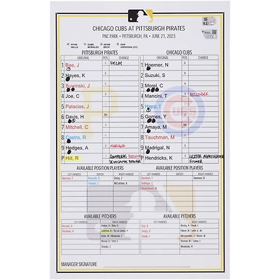 Pittsburgh Pirates Game-Used Lineup Card vs. Chicago Cubs on June 21, 2023