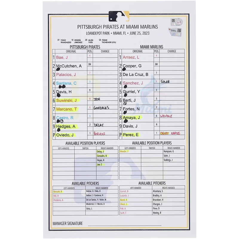 Pittsburgh Pirates Game-Used Lineup Card vs. Miami Marlins on June 25, 2023