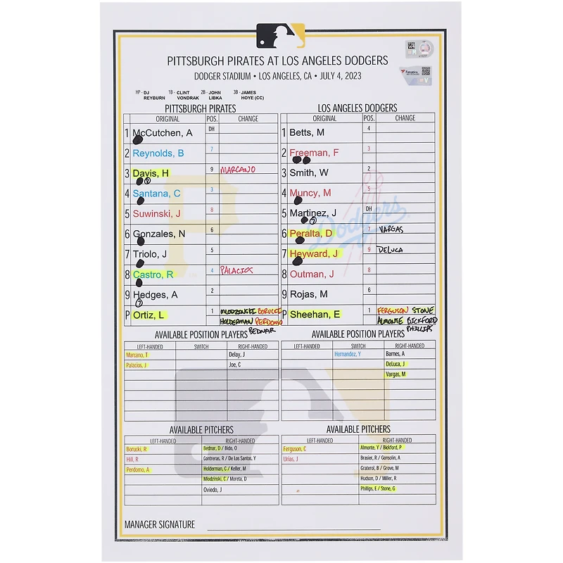 Pittsburgh Pirates Game-Used Lineup Card vs. Los Angeles Dodgers on July 4, 2023