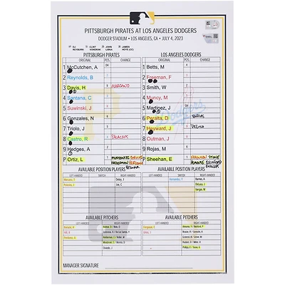 Pittsburgh Pirates Game-Used Lineup Card vs. Los Angeles Dodgers on July 4, 2023