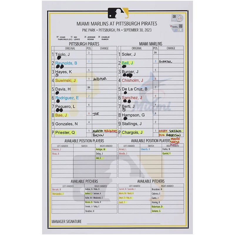 Pittsburgh Pirates Game-Used Lineup Card vs. Miami Marlins on September 30, 2023