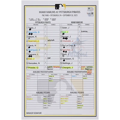 Pittsburgh Pirates Game-Used Lineup Card vs. Miami Marlins on September 30, 2023
