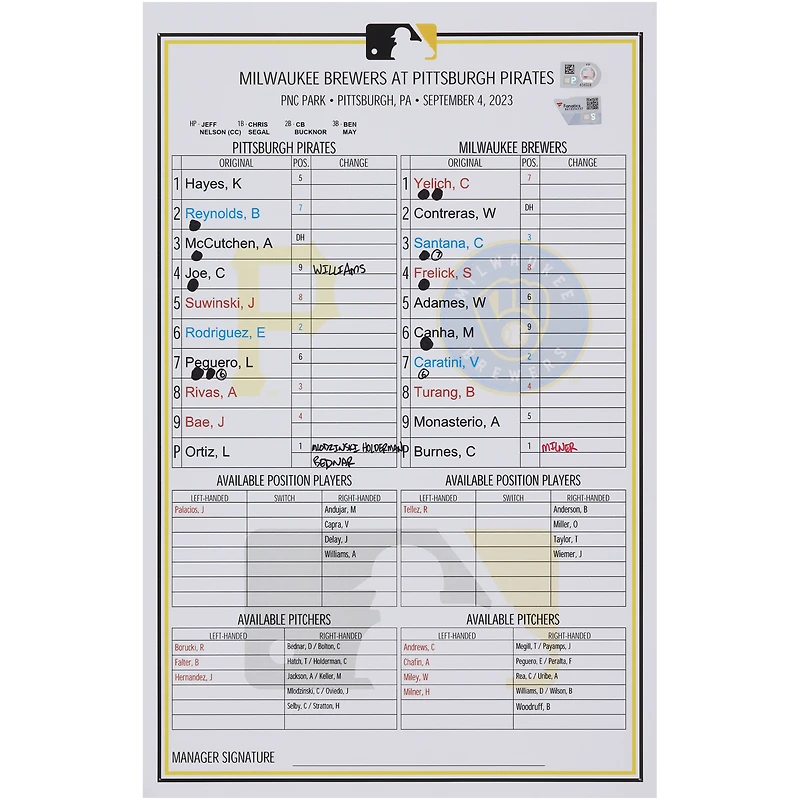 Pittsburgh Pirates Game-Used Lineup Card vs. Milwaukee Brewers on September 4, 2023