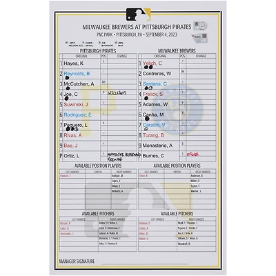 Pittsburgh Pirates Game-Used Lineup Card vs. Milwaukee Brewers on September 4, 2023