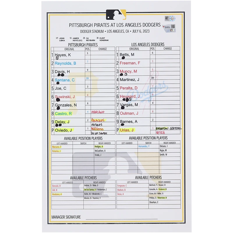 Pittsburgh Pirates Game-Used Lineup Card vs. Los Angeles Dodgers on July 6, 2023