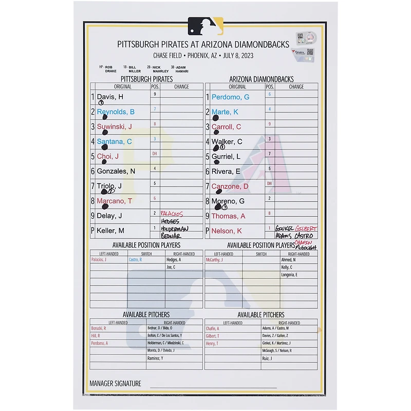 Pittsburgh Pirates Game-Used Lineup Card vs. Arizona Diamondbacks on July 8, 2023