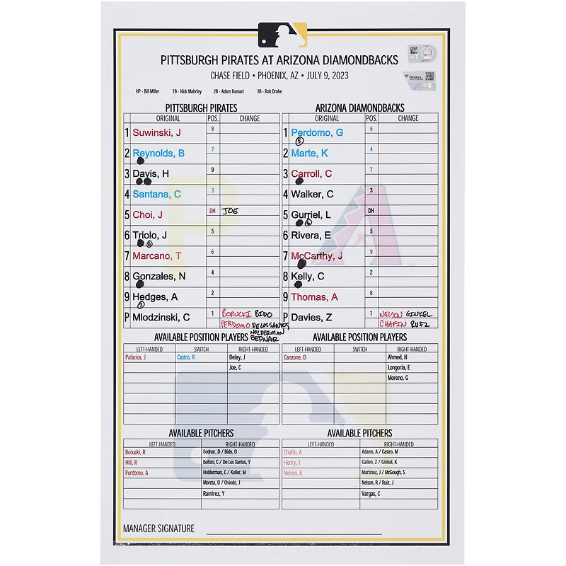 Pittsburgh Pirates Game-Used Lineup Card vs. Arizona Diamondbacks on July 9, 2023