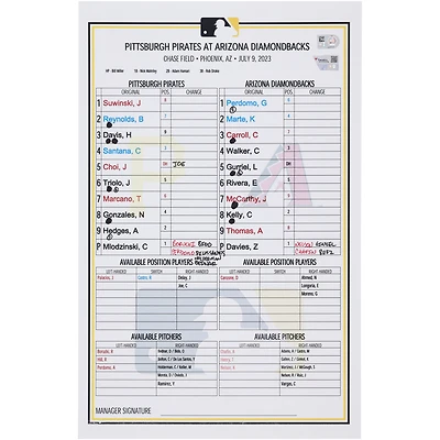 Pittsburgh Pirates Game-Used Lineup Card vs. Arizona Diamondbacks on July 9, 2023