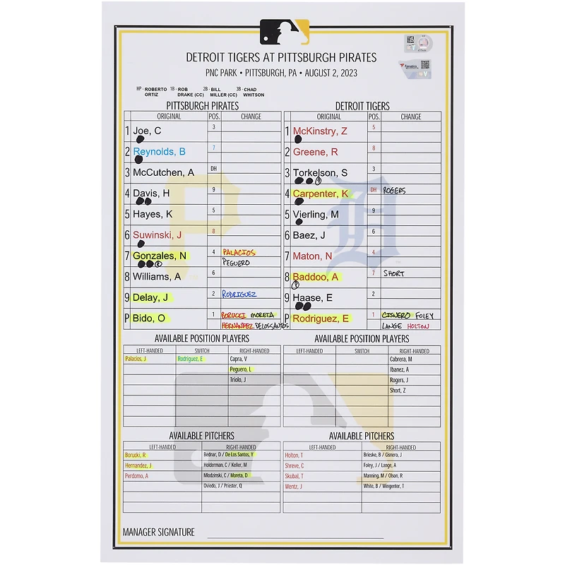 Pittsburgh Pirates Game-Used Lineup Card vs. Detroit Tigers on August 2, 2023