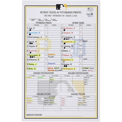 Pittsburgh Pirates Game-Used Lineup Card vs. Detroit Tigers on August 2, 2023
