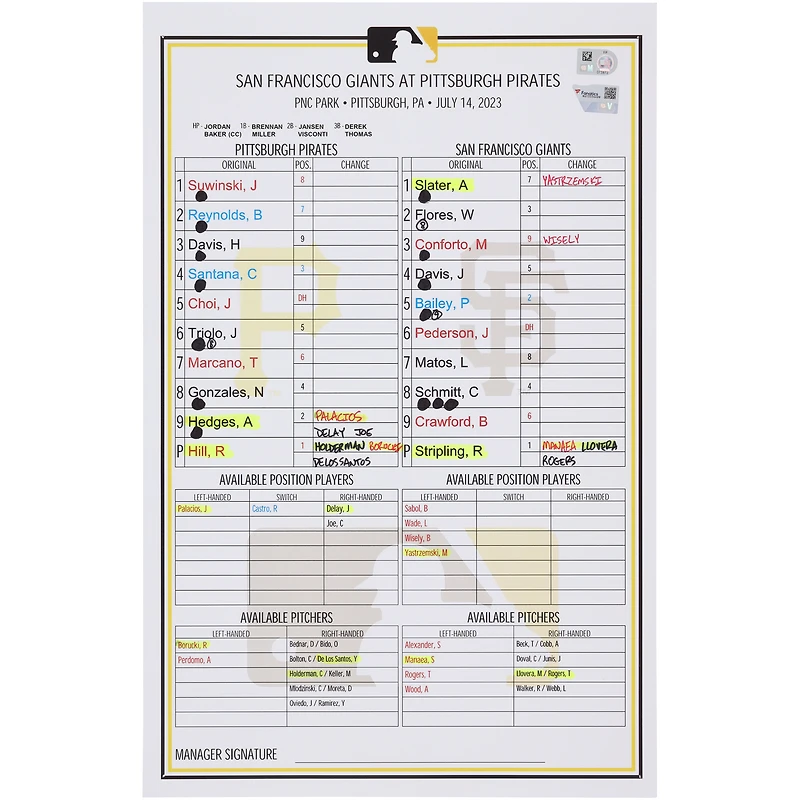 Pittsburgh Pirates Game-Used Lineup Card vs. San Francisco Giants on July 14, 2023
