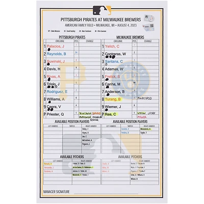 Pittsburgh Pirates Game-Used Lineup Card vs. Milwaukee Brewers on August 4, 2023