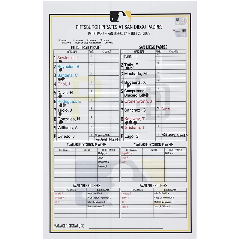 Pittsburgh Pirates Game-Used Lineup Card vs. San Diego Padres on July 26, 2023