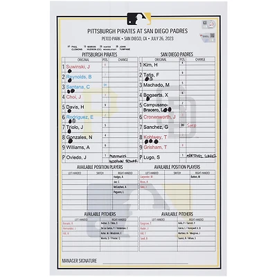 Pittsburgh Pirates Game-Used Lineup Card vs. San Diego Padres on July 26, 2023
