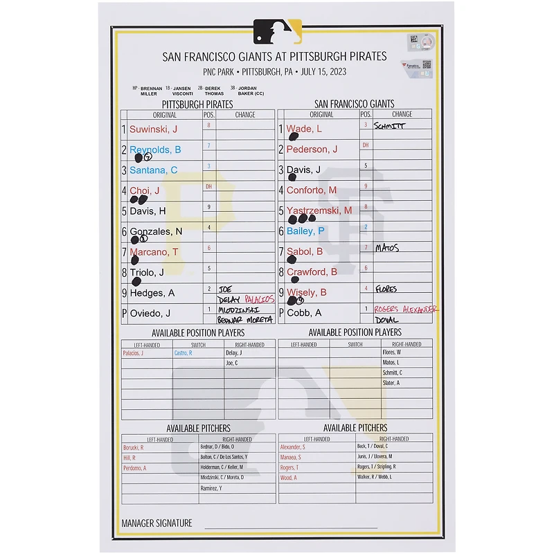 Pittsburgh Pirates Game-Used Lineup Card vs. San Francisco Giants on July 15, 2023