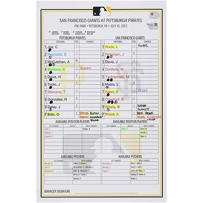 Pittsburgh Pirates Game-Used Lineup Card vs. San Francisco Giants on July 16, 2023