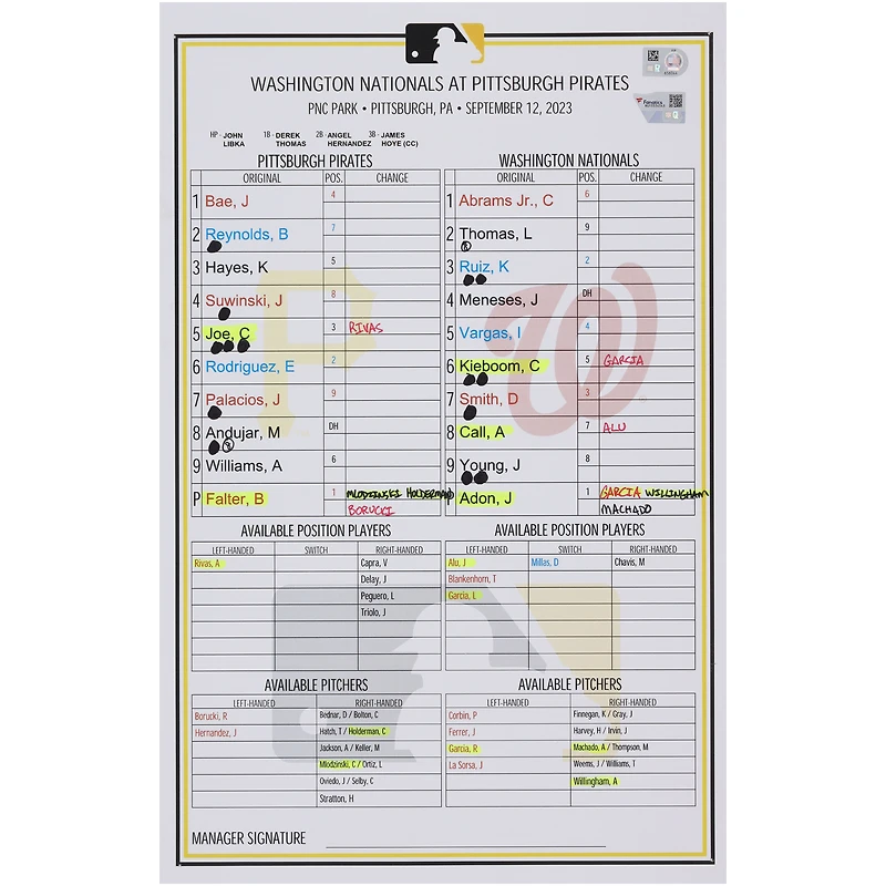 Pittsburgh Pirates Game-Used Lineup Card vs. Washington Nationals on September 12, 2023