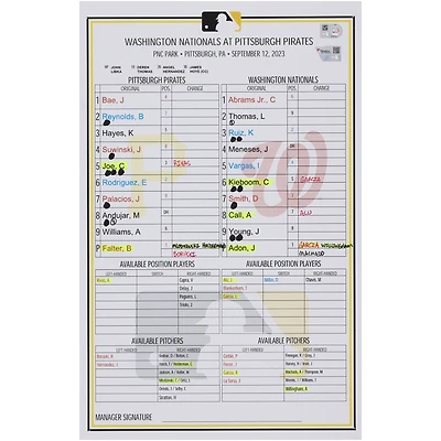 Pittsburgh Pirates Game-Used Lineup Card vs. Washington Nationals on September 12, 2023
