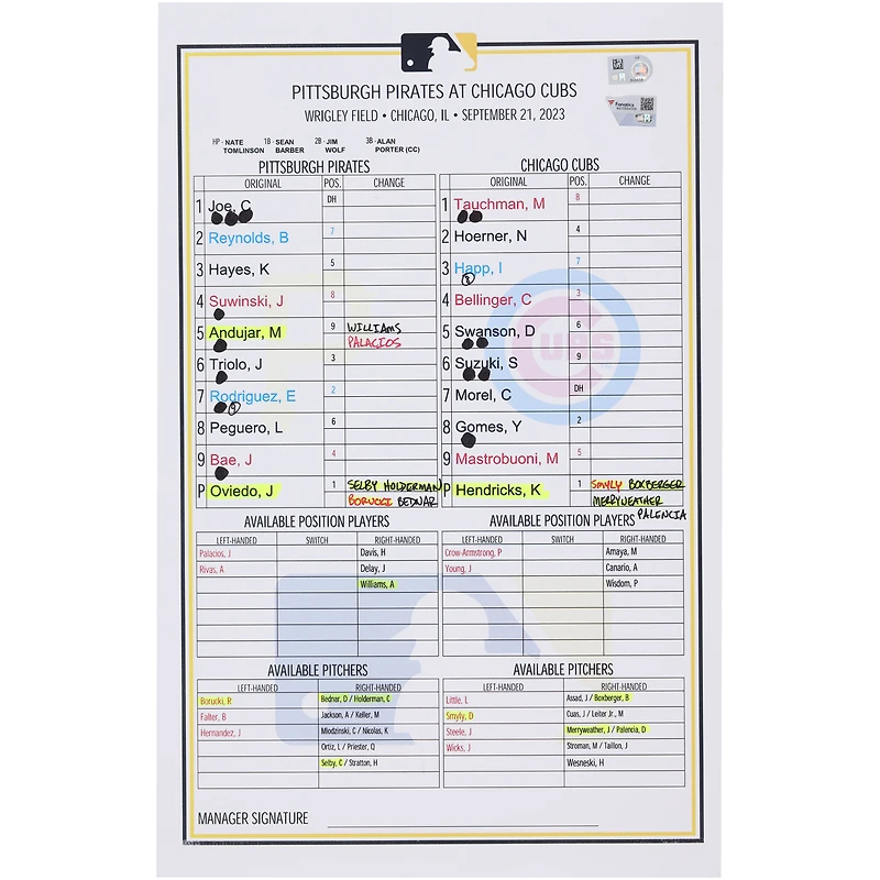 Pittsburgh Pirates Game-Used Lineup Card vs. Chicago Cubs on September 21, 2023