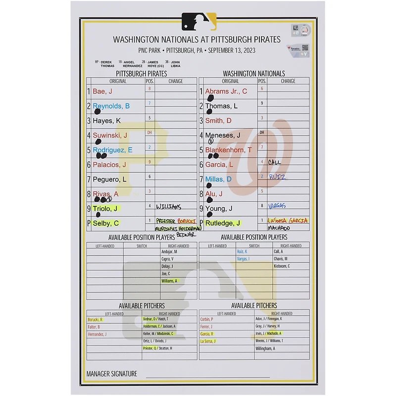 Pittsburgh Pirates Game-Used Lineup Card vs. Washington Nationals on September 13, 2023
