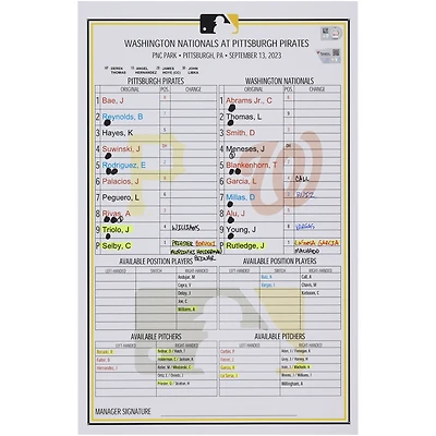 Pittsburgh Pirates Game-Used Lineup Card vs. Washington Nationals on September 13, 2023