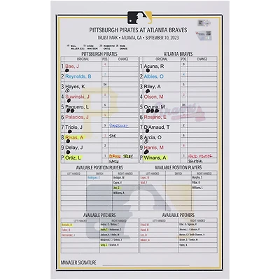 Pittsburgh Pirates Game-Used Lineup Card vs. Atlanta Braves on September 10, 2023