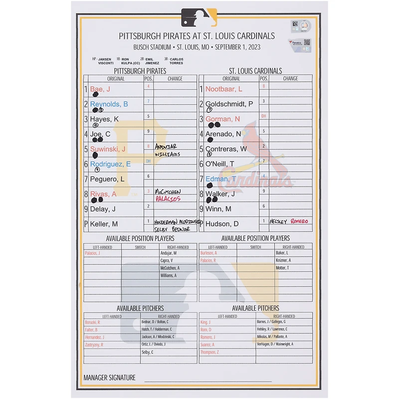Pittsburgh Pirates Game-Used Lineup Card vs. St. Louis Cardinals on September 1, 2023