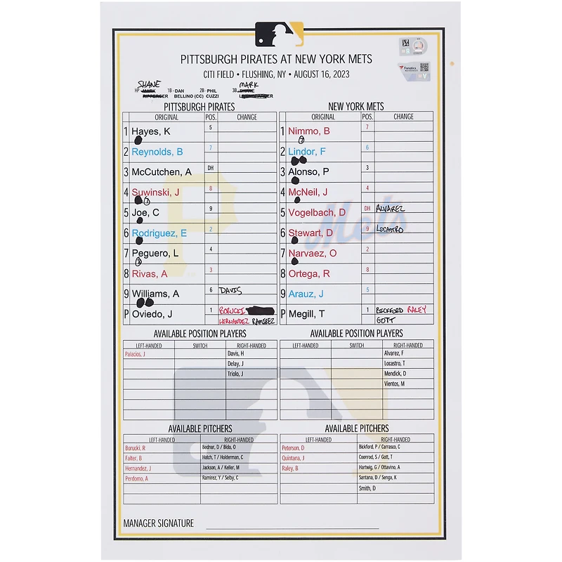 Pittsburgh Pirates Game-Used Lineup Card vs. New York Mets on August 16, 2023