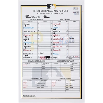 Pittsburgh Pirates Game-Used Lineup Card vs. New York Mets on August 16, 2023