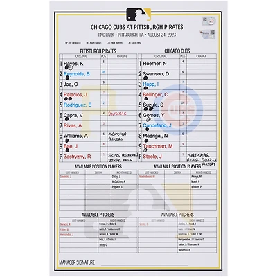 Pittsburgh Pirates Game-Used Lineup Card vs. Chicago Cubs on August 24, 2023